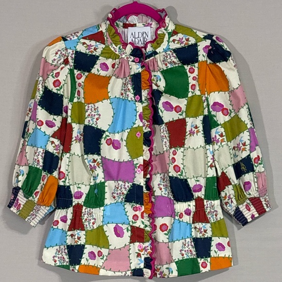 Alden Adair Patchwork Floral Ruffle Blouse Size L Cotton Peplum Top
